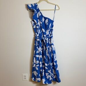 J. Crew Factory Blue and White One-Shoulder Dress